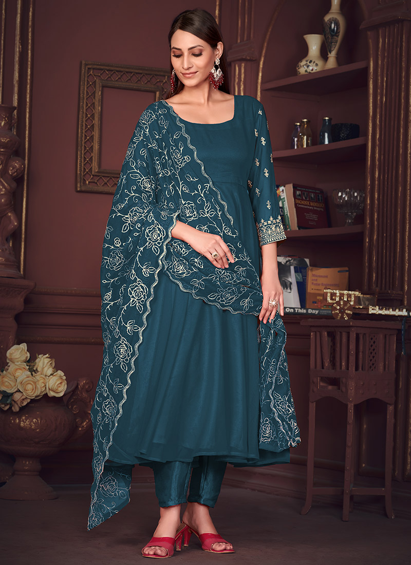 Green chinnon embroidered anarkali